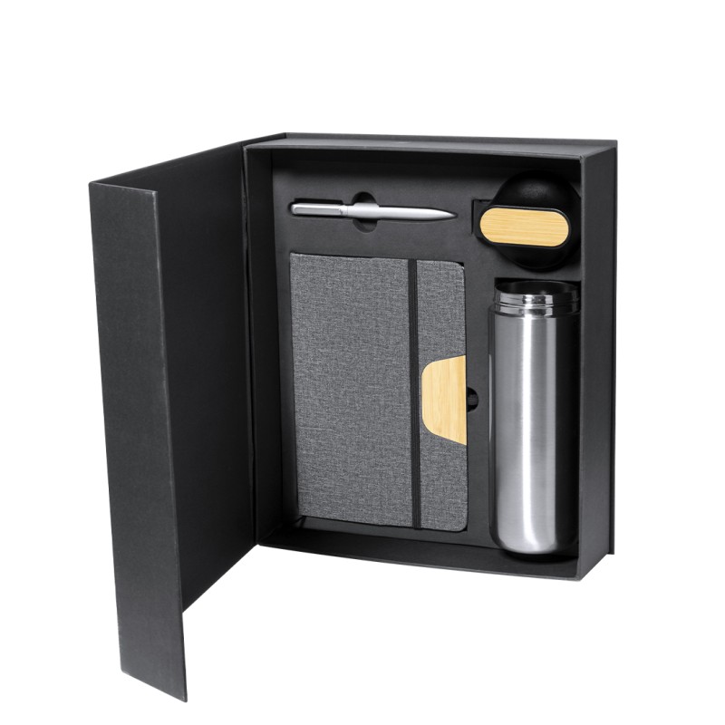 Halderan - Thermo Acier Inox/ Bambou, 640 ml. Bloc Similicuir/ Bambou, Couverture Rigide. 80 Feuilles. Stylo Aluminium/ Bambou