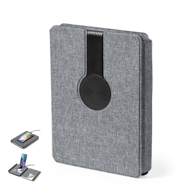 Morrison - Drahtlos Ladegerät 10W. Power Bank 5000 mAh. 65 Blätter Notizblock. Typ C Ausgänge und Eingang | Polyester 300D RPET