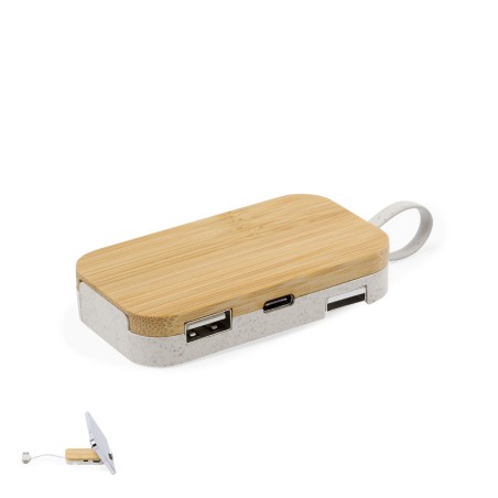 Flow - 1 Typ C Hub. 2 Hubs USB 2.0 | Weizenstroh/ ABS/ Bambus