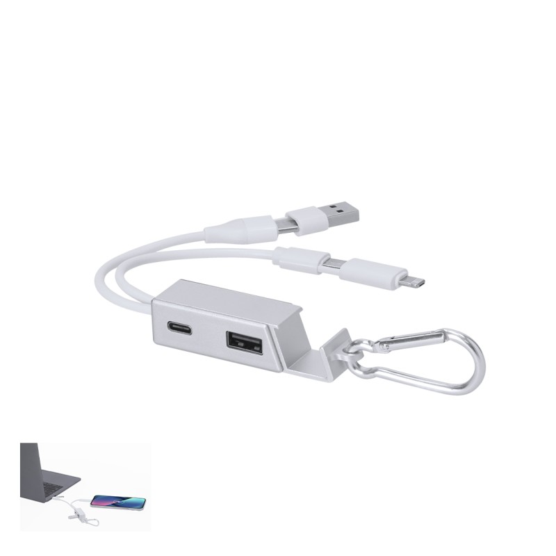 Leony - 1 Port Type C. 1 Port USB 2.0. Connexion Micro USB, Type C et Lightning 5V DC 2A | Aluminium Recyclé