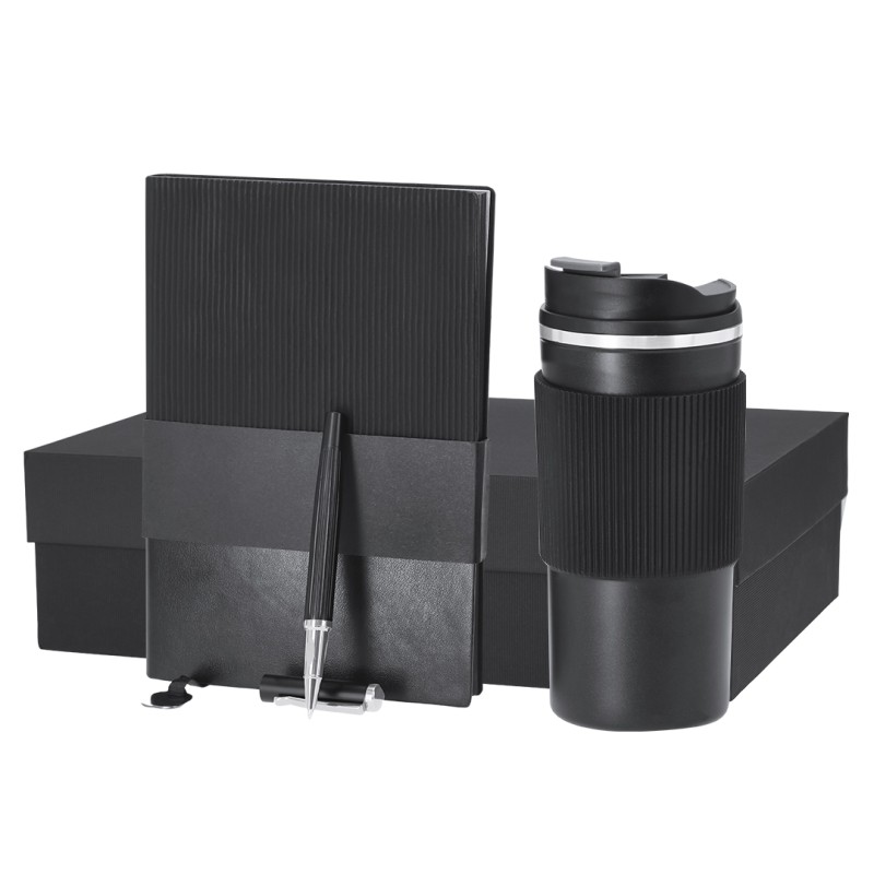 Mirka - Wärme Flasche Rostfreier Stahl, 470 ml. Notizblock PU, Flexibler Einband. 100 Blätter. Roller Aluminium